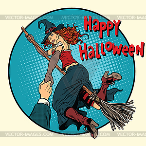 Happy Halloween witch on broomstick follow me - vector image