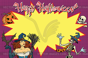 Happy Halloween background with witch, skeleton - vector clipart