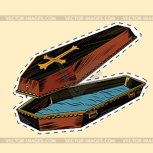 Wooden coffin with Christian cross label sticker - vector image