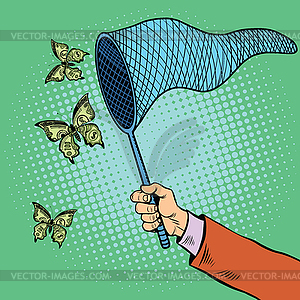 Businessman catching money with butterfly net - vector clipart