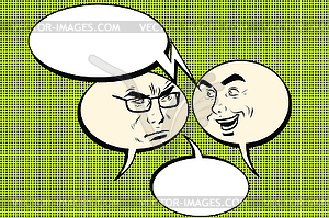 Two men joyful and angry. Comic bubble smiley face - vector image