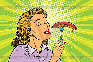 Young woman with tasty sausage - vector clip art