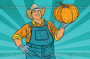 Rural farmer and pumpkin, holiday thanksgiving - vector image
