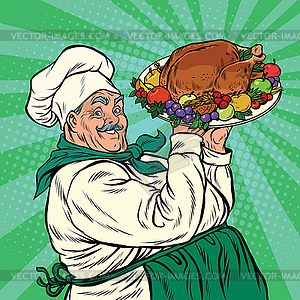 Chef with dish roast Turkey - vector clip art