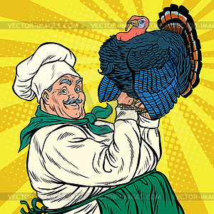 Retro chef with live Turkey, thanksgiving - vector image