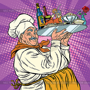 Retro chef with dinner on tray - vector clipart