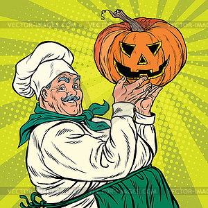 Retro cook with pumpkin Halloween - color vector clipart