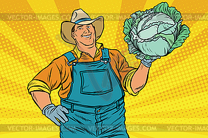 Rural retro farmer and head of green cabbage - vector clip art