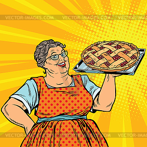 Old joyful retro woman with berry pie - vector clip art