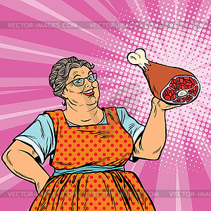 Smiling retro old woman and meat leg - vector image
