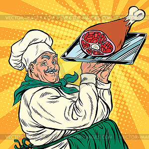 Joyful retro cook with meat foot - vector clipart