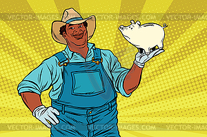 African American farmer with pig-piggy Bank - vector image