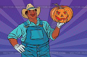 African American farmer with Halloween pumpkin - vector clipart