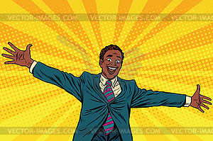 Happy African American businessman open hands for - vector clipart