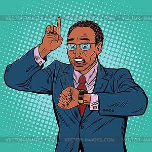 African American businessman looking at wrist watch - vector clipart