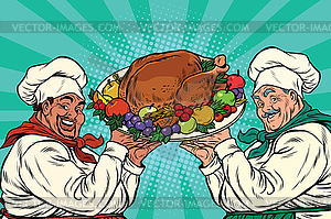Multi-ethnic chefs with roast Turkey - vector image