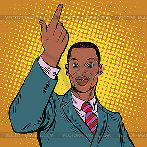 African American businessman pointing finger up - vector clipart