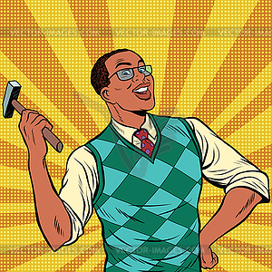 Retro man with hammer for home repairs - vector image