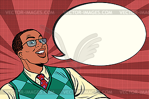 Intelligent African with glasses says comic bubble - vector clipart