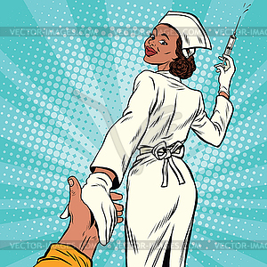 Follow me nurse with medical syringe for injection - vector clipart
