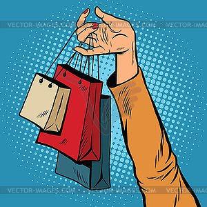 Sale, bags packages in hands of women - vector image