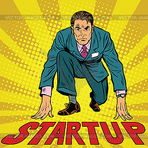 Startup retro businessman on starting line - vector image