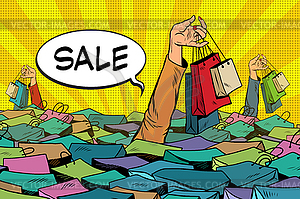 Sales, people drowning in ocean of shopping - vector EPS clipart