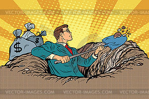 Businessman digging, money and treasure - vector clip art