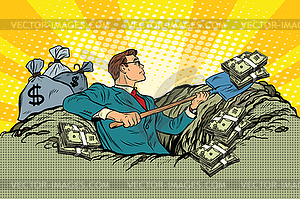 Retro businessman digs up money of ground - vector clipart