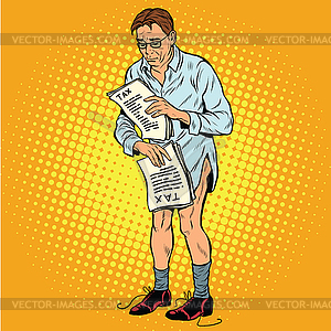 Retro businessman without pants because of taxes - vector image