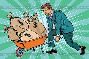 Businessman wheel heavy garden cart with money - vector clipart