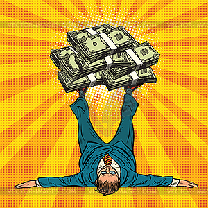 Businessman athlete holds lot of money on legs - vector clip art