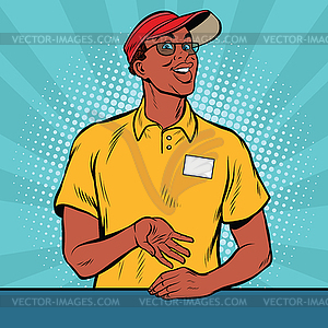 African American worker fast food gives order - vector image