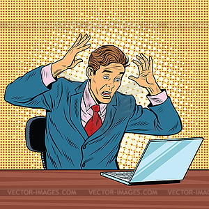 Businessman in panic, reading notebook - vector clipart