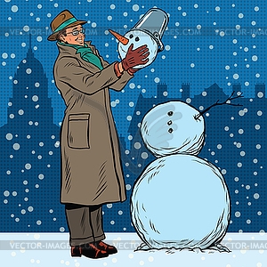 Retro man and snowman - vector image