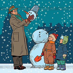 Children and male mold snowman - vector clip art