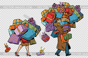 Holiday sales, couple man and woman with shopping - vector image