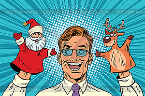 Happy dad, Christmas puppet theater - vector clipart