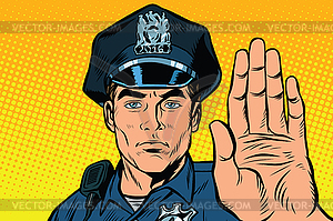 Retro police officer stop gesture - vector image