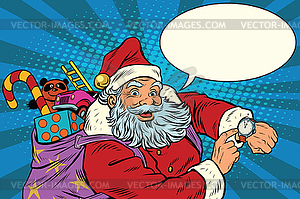 Santa Claus shows on clock, New year and Christmas - vector image