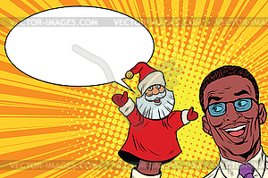 African businessman with hand puppet Santa Claus - royalty-free vector image