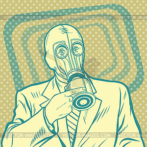 Pop art retro man in gas mask pointing sideways - vector image