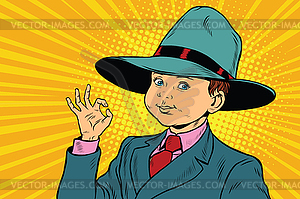 Boy OK gesture, big hat mafia - vector image