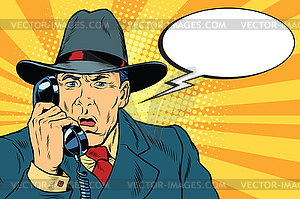 Surprised retro businessman talking on phone - vector image