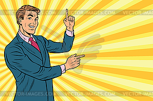 Businessman points up and sideways to copy space - vector clipart