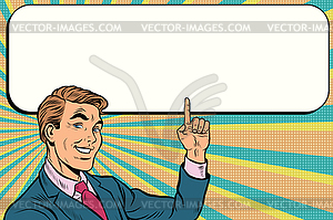 Businessman points up to copy space background - vector image