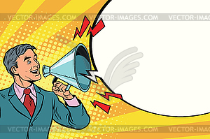 Vintage speaker with megaphone shouting - vector image