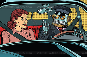 Vintage retro robot autopilot car, woman passenger - vector clipart / vector image