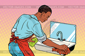 Home cleaning washing kitchen sinks, man works - vector clipart