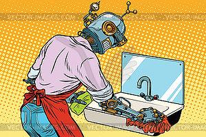 Главная моющие средства чистящие кухонные раковины, робот работает - векторный эскиз